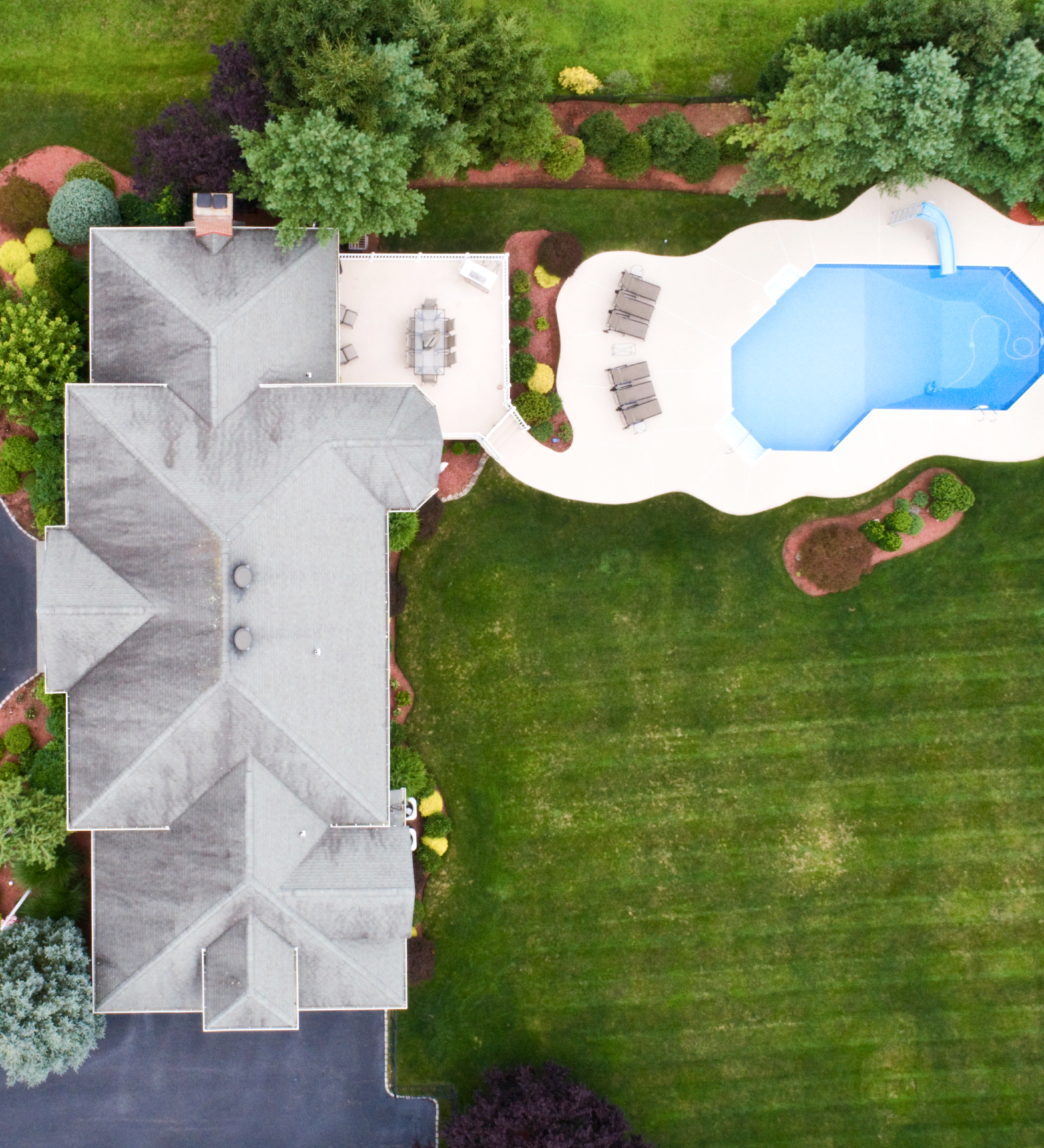 Overhead shot of landscaped yard and pool