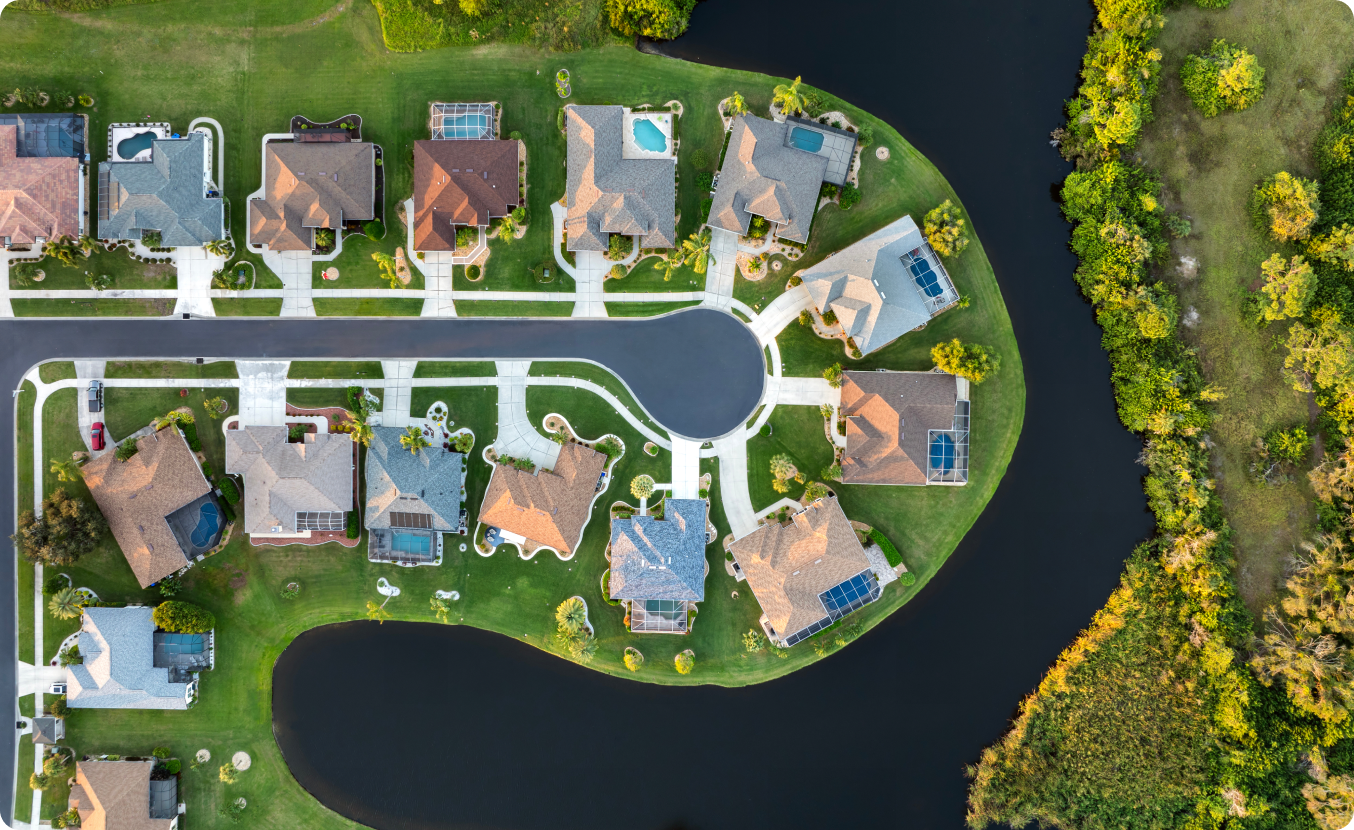 Aerial view of suburban neighborhood